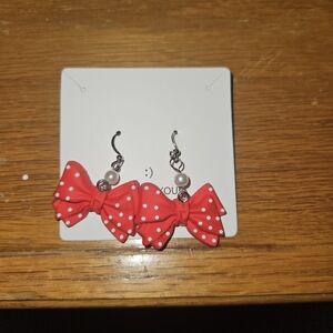 Red Polka Dot Bow Drop Earrings for Kids